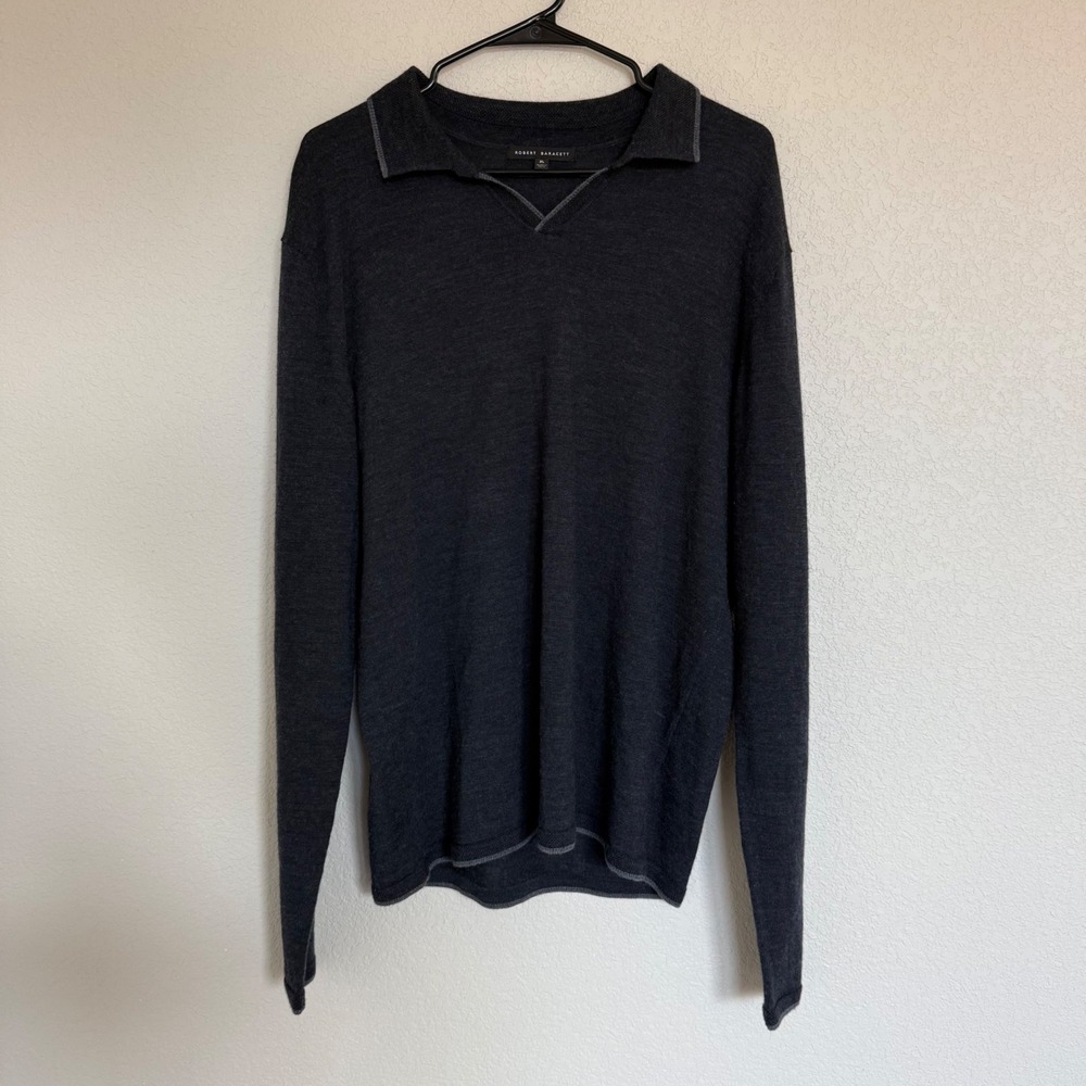 Robert Barakett Mens XL Merino Wool Long Sleeve Polo Sweater Charcoal Gray